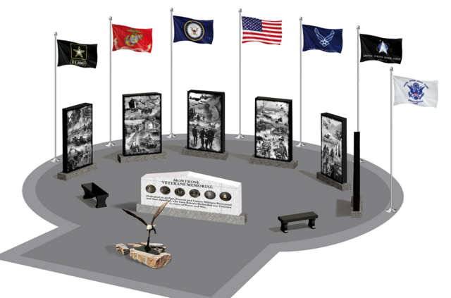 Montrose Veterans Memorial 3D Rendering with Panels and Flags